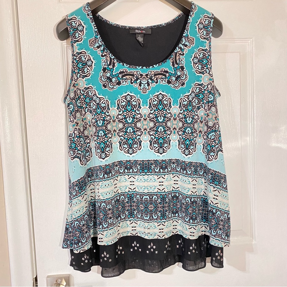 Style&co women’s Green, Black and gray sleeveless top Size L.NWOT